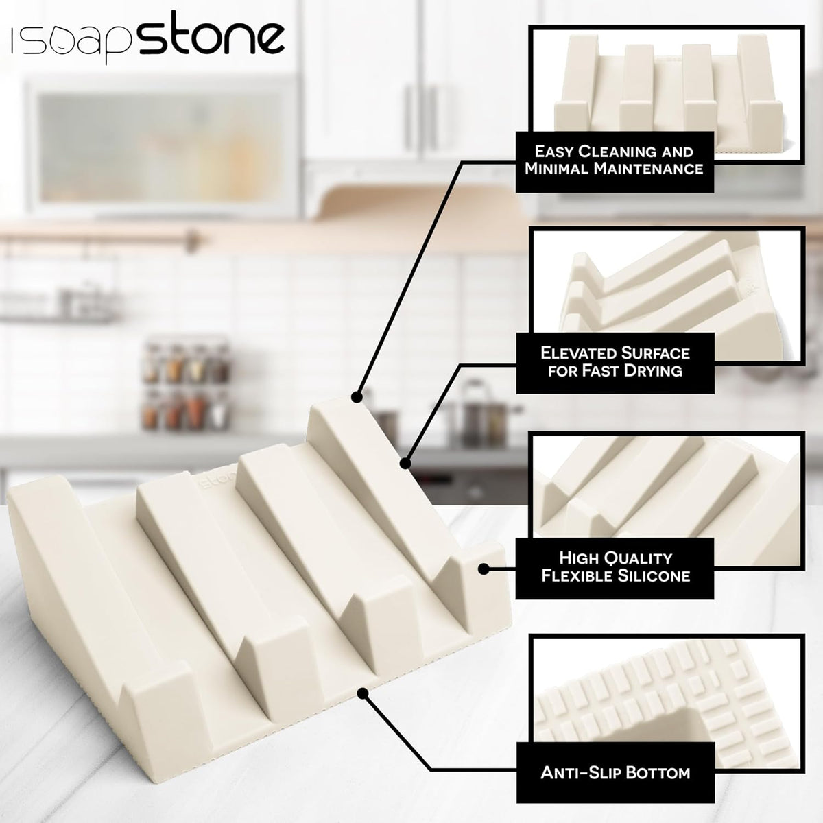 Silicone Soap Dish (USA Patented) Self Draining Bar Soap Holder for Shower Bathroom Sink, Drying Soap Dish Tray Sponge Holder Easy Cleaning Soap Saver Travel Accessories (Beige, 1)