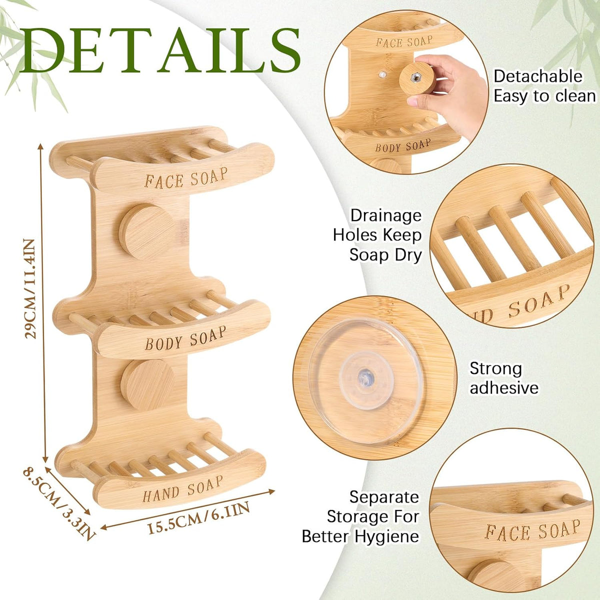 3-Tier Bamboo Soap Holder for Shower, Self Draining