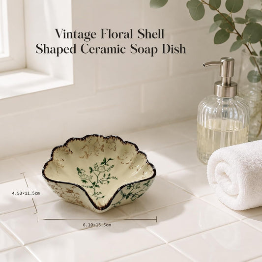Vintage Floral Ceramic Soap Dish for Shower, Shell Shaped Seashell Soap Holder, Retro Decorative Tray for Bathroom Countertop