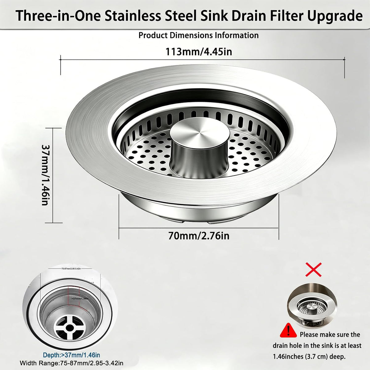 3 in 1 Kitchen Sink Stopper, Pop Up Kitchen Sink Drain Strainer