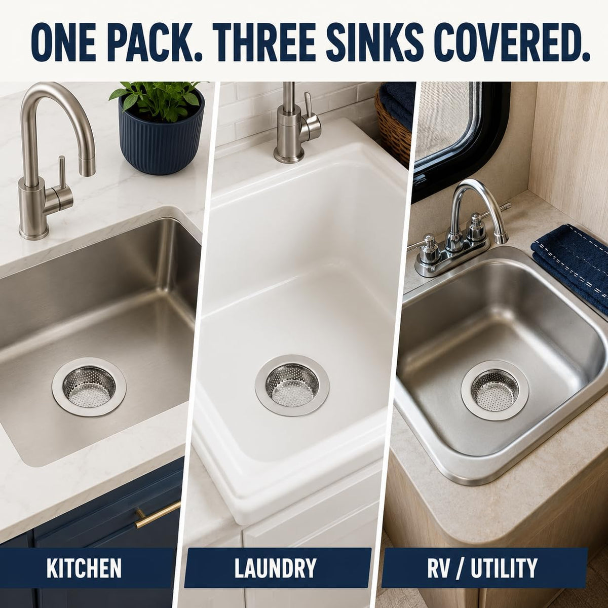 Helect 3-Pack Kitchen Sink Strainer - Stainless Steel Drain Filter with Large 4.5" Wide Rim, Anti-Clog Perforated Basket for Standard Sinks