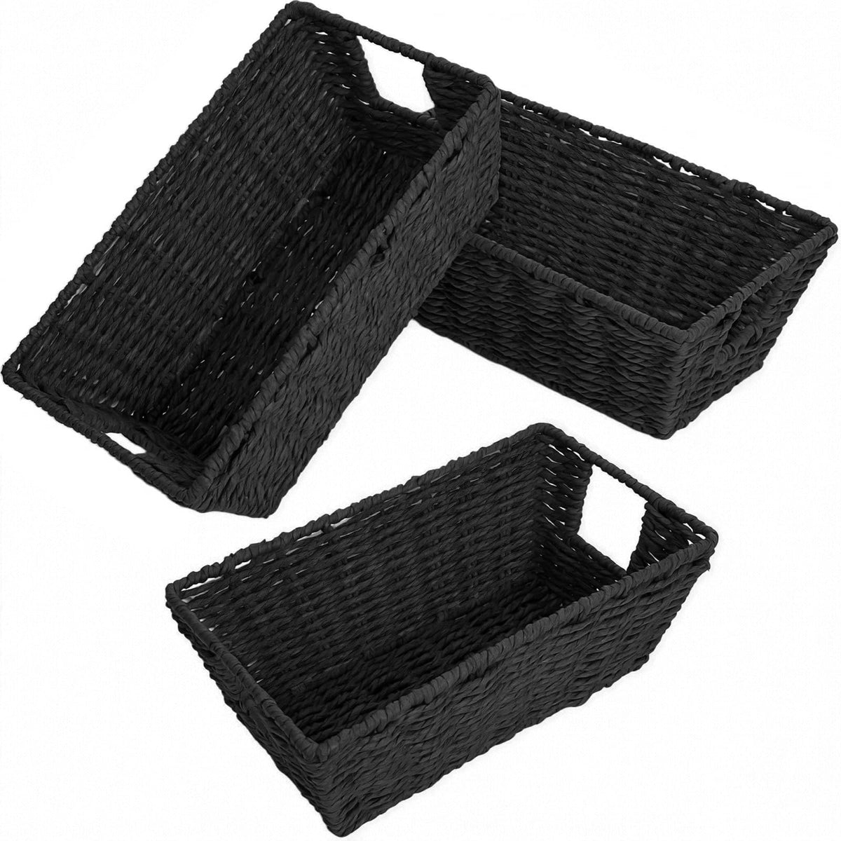 Woven Black Storage Baskets Shelf Tote Boxes Container, Durable Storage Organizer Bins with Built-in Handles for Bedroom, Office, Closet, Kids Room, Nursery, 3-Pack,11.4”x 6.5”x 4.5”