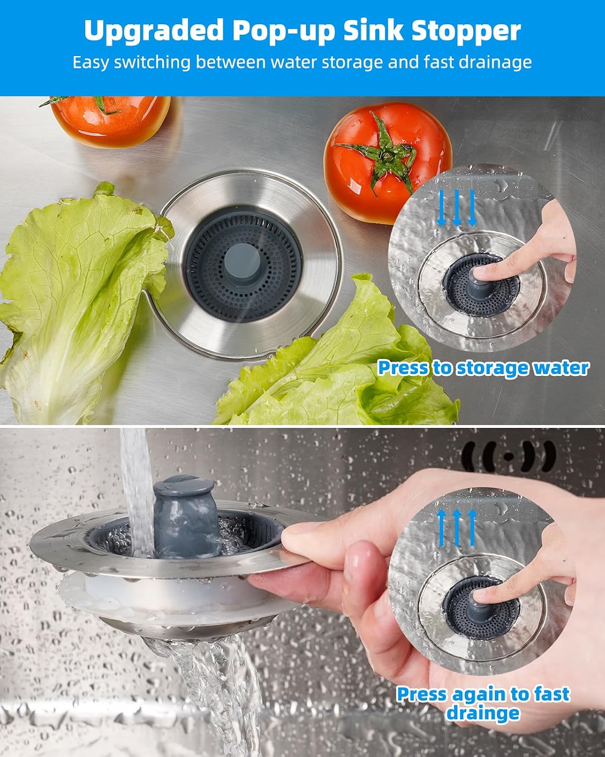 Hibbent Upgraded 3-in-1 Kitchen Sink Drain Strainer & Stopper Combo, Chrome