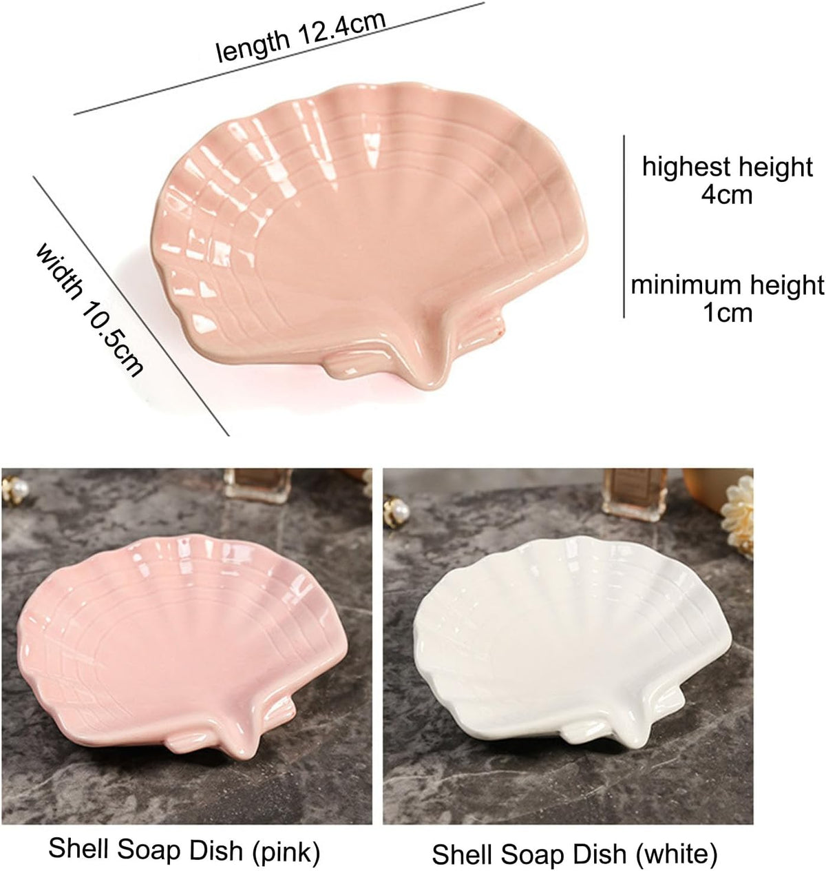 Ceramic Soap Holder, Sea-Shell Soap Tray with Self Draining, Soap Tray for Sink Washroom Bathroom Shower, Small Cute and Elegant Holder with Glaze, Easy Cleaning (White)