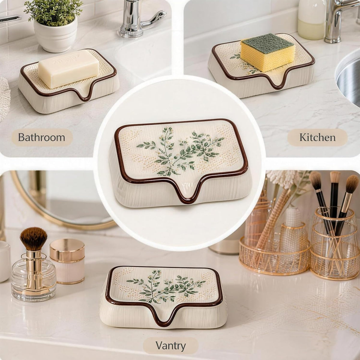 Vintage Floral Ceramic Soap Dish, Self Draining Soap Holder for Bathroom Shower