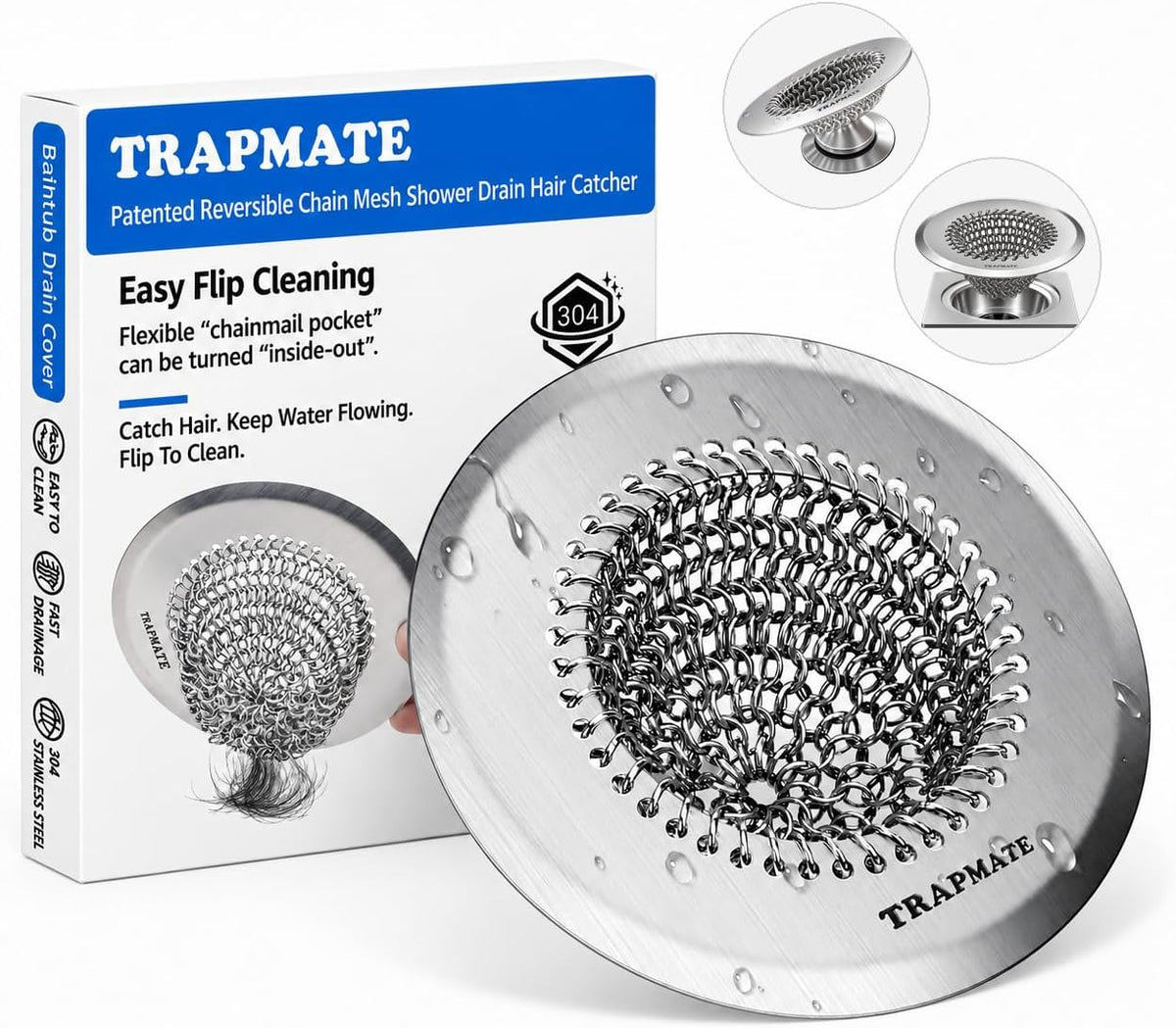 TRAPMATE Shower Drain Hair Catcher, Easy Flip Clean Bathtub Drain Protector