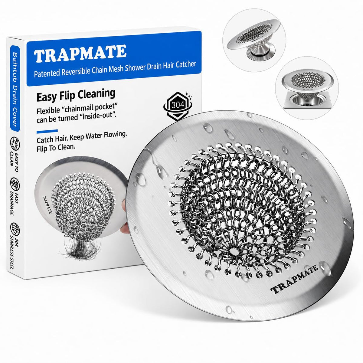 TRAPMATE Shower Drain Hair Catcher, Easy Flip Clean Bathtub Drain Protector