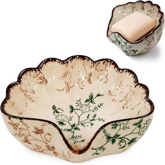 Vintage Floral Ceramic Soap Dish for Shower, Shell Shaped Seashell Soap Holder, Retro Decorative Tray for Bathroom Countertop