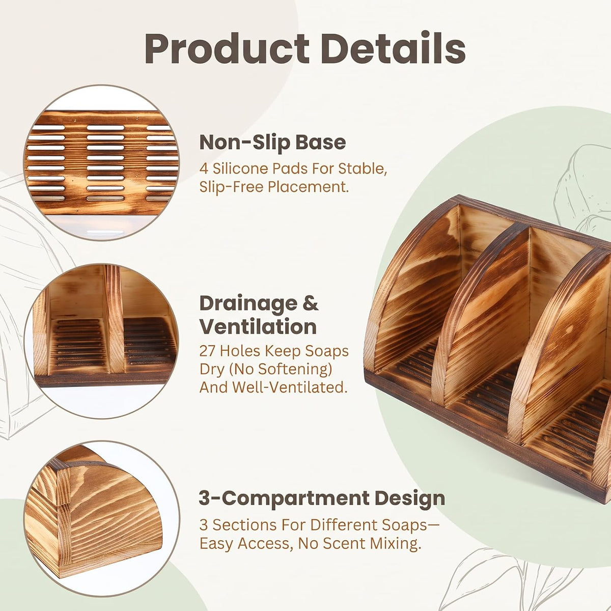 2pcs Wood Soap Holder - Solid Wooden Bar Dish, Self Draining Bathroom