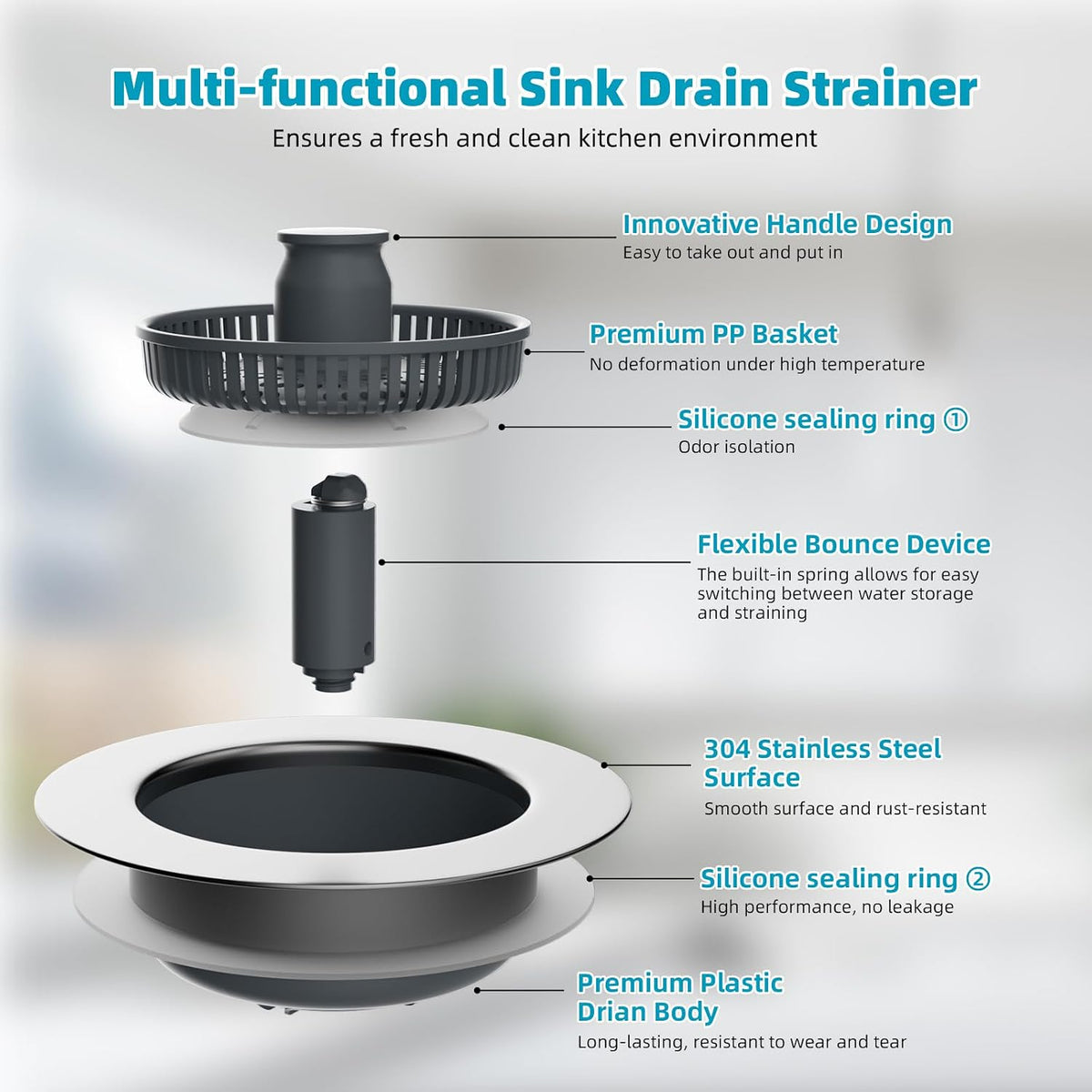 Hibbent 3-in-1 Kitchen Sink Drain Strainer & Stopper, Flat Handle, Chrome