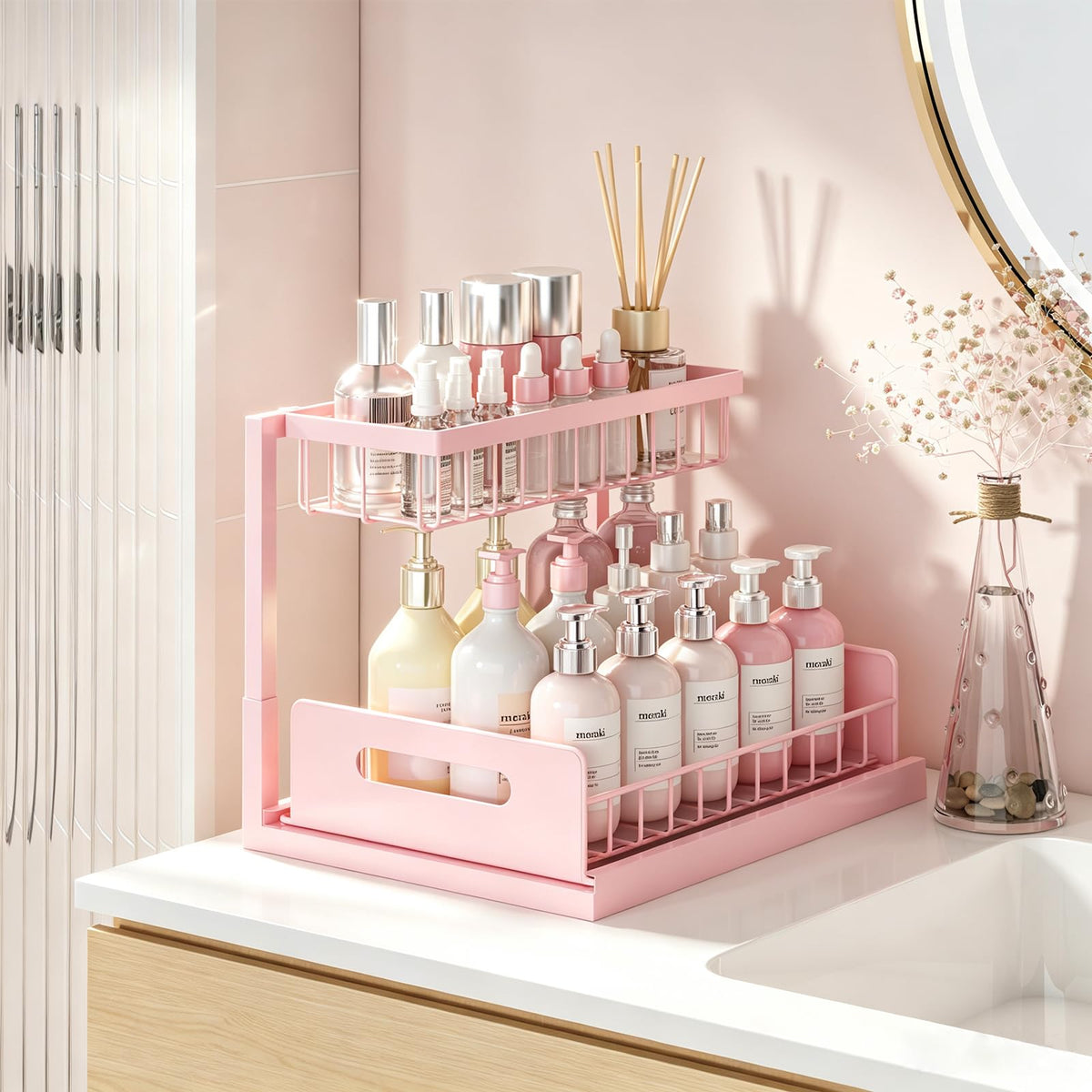 REALINN Under Sink Organizer, L-Shaped 2 Tier Pull Out Cabinet Organizer