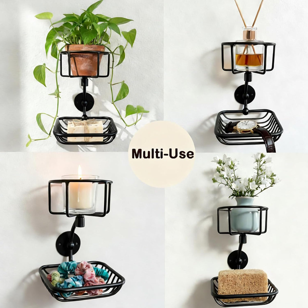 Wall Mounted Bar Soap Holder with Candle & Vase Holder, Farmhouse Soap Dish for Shower Wall, 2-Tier Rustproof Sponge & Soap Organizer for Bathroom, Black Bathroom Wall Decor