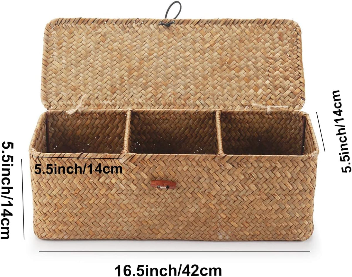 Seagrass Tank Basket with Lid Woven Toilet Roll Storage Basket with Sections Rectangular for Organize Snack Toys Tampon (Large Compartment 16.5inch L x 5.5inch W x 5.5inch H) Natural