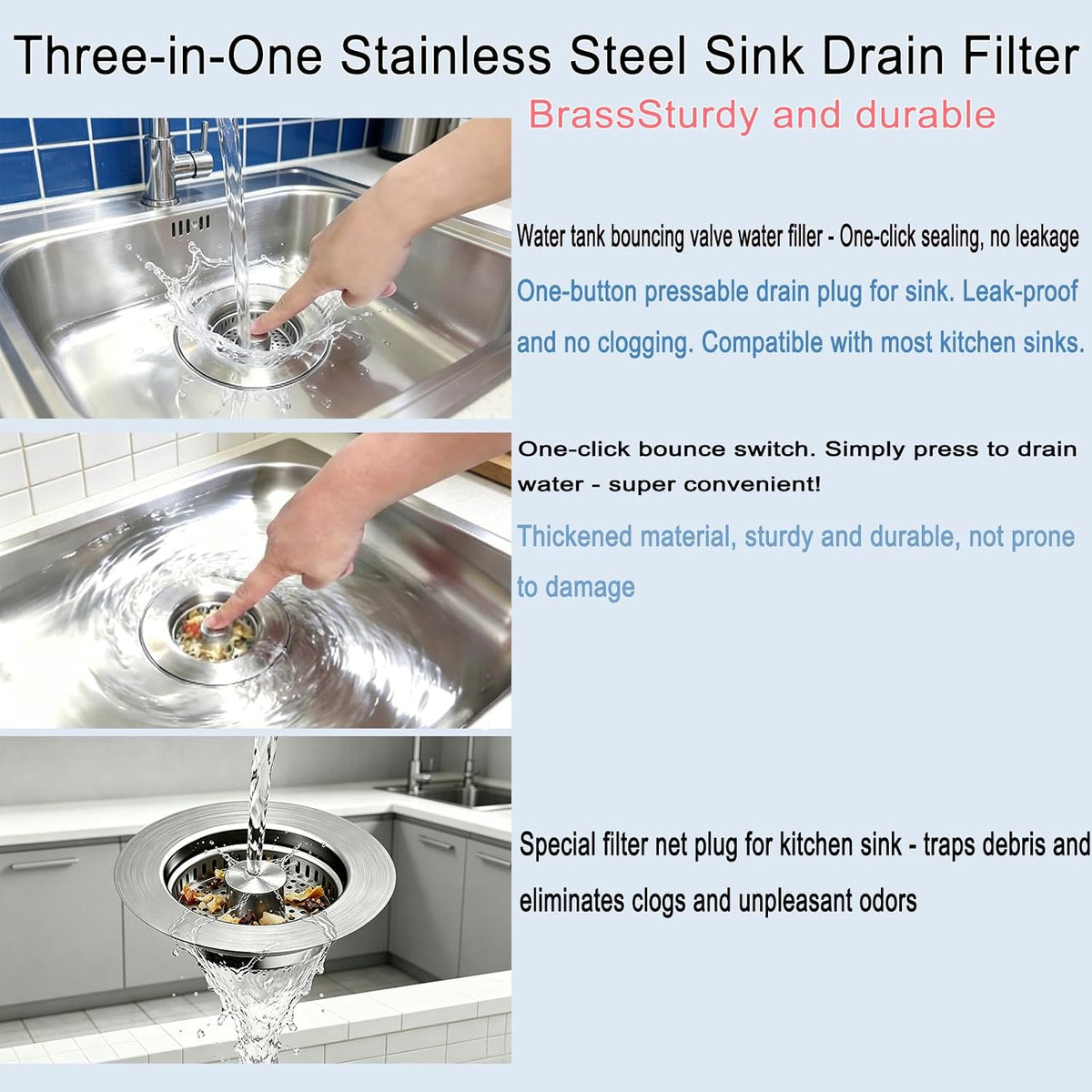 3 in 1 Kitchen Sink Stopper, Pop Up Kitchen Sink Drain Strainer