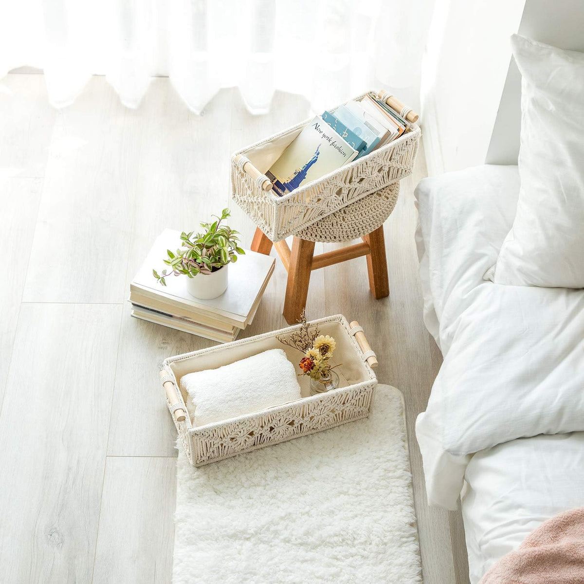 Mkono 2Pc Macrame Storage Basket, Boho Decor Toilet Paper Organizer, Ivory