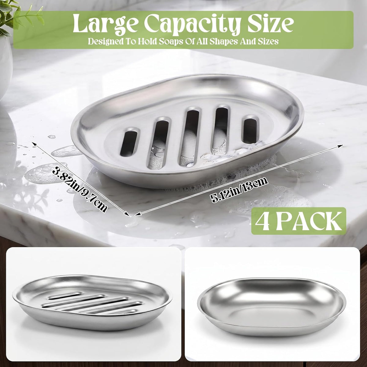 4-Pack Stainless Steel Soap Dish for Shower & Kitchen Sink – Heavy Duty 304 Metal Soap Holder with Drainage, Anti-Rust Brushed Finish, 5x4x0.8 Inch Soaps Bar Tray for Bathroom or Countertop