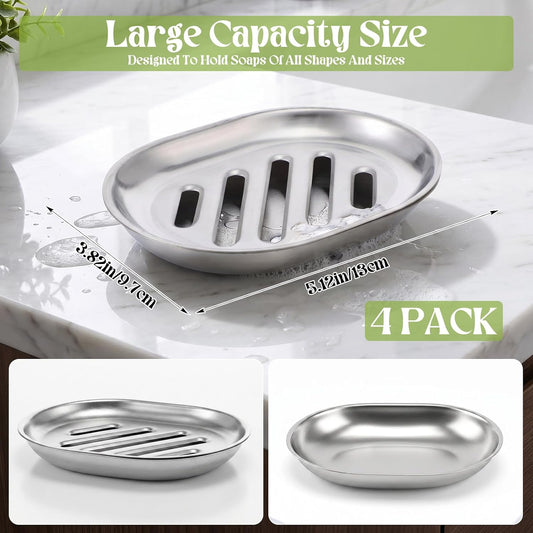 4-Pack Stainless Steel Soap Dish for Shower & Kitchen Sink – Heavy Duty 304 Metal Soap Holder with Drainage, Anti-Rust Brushed Finish, 5x4x0.8 Inch Soaps Bar Tray for Bathroom or Countertop
