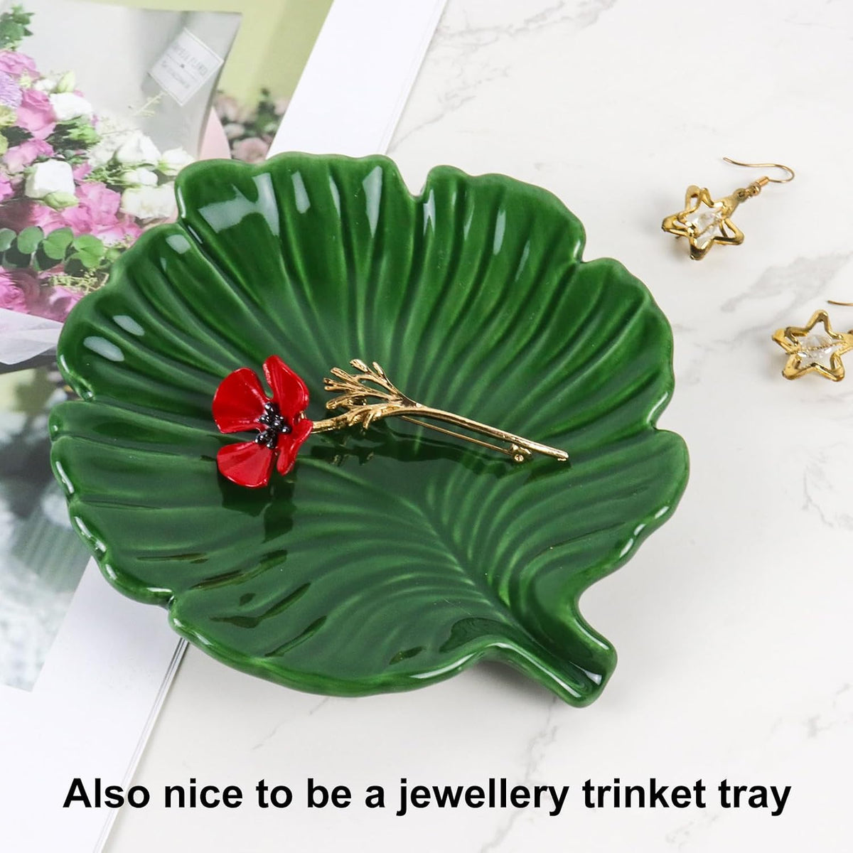 Elegant Bathroom Soap Dish,Ceramic Soap Dish Holder in Palm Leaf Style,Self-Draining Design for Bathroom