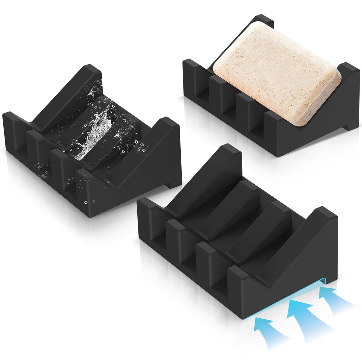 Silicone Soap Dish,3PCS Self Draining Bar Soap Holder,Dark Gray