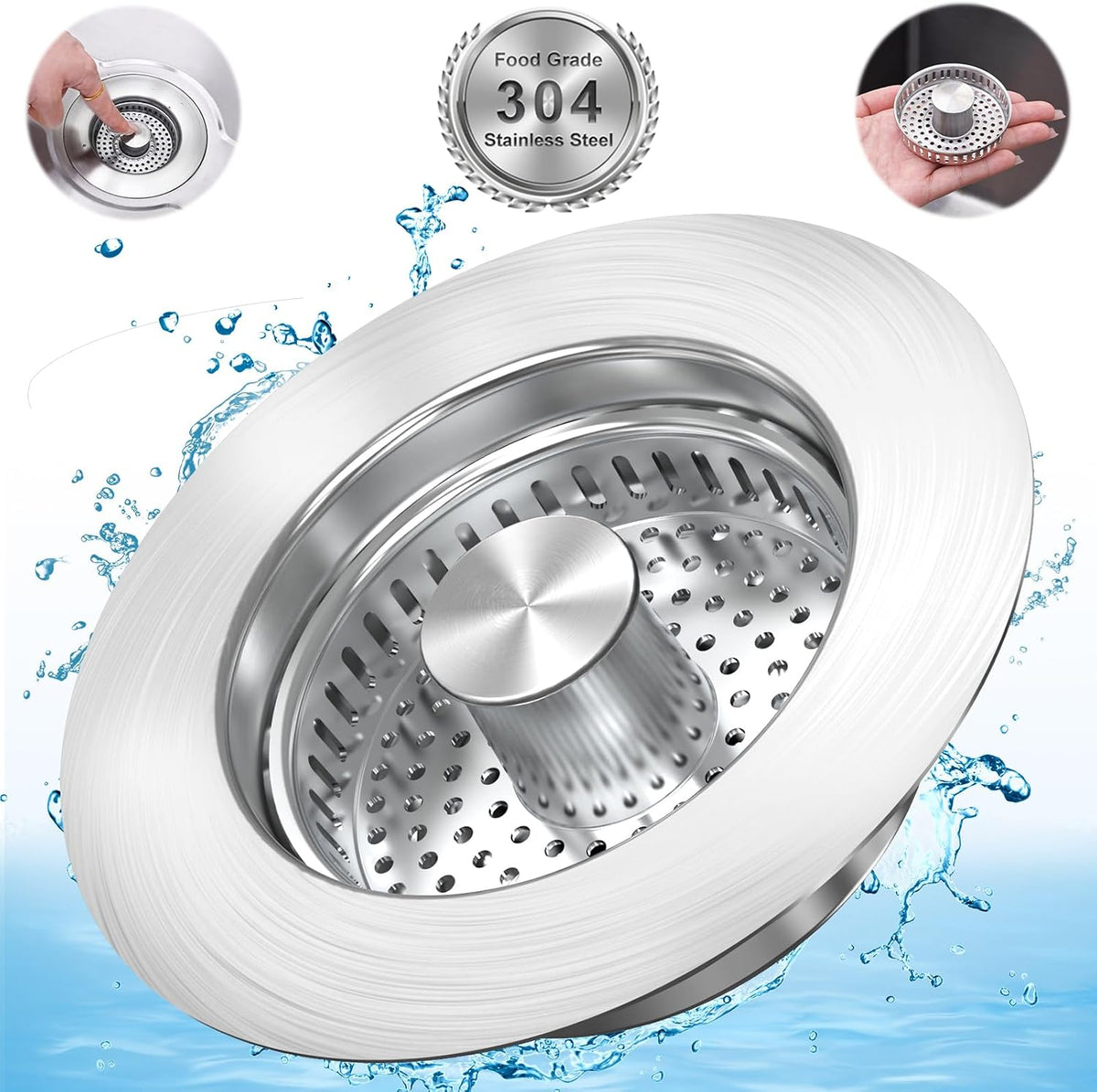 Upgraded 3 in 1 Kitchen Sink Drain Strainer Stopper, Brushed Stainless Steel SUS 304 Pop Up Sink Drain Stopper for Standard 3-1/2 Inch Drain Anti-Clogging Odor Prevention