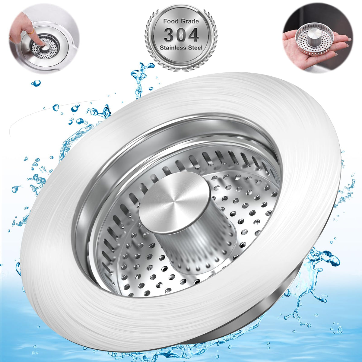 Upgraded 3 in 1 Kitchen Sink Drain Strainer Stopper, Brushed Stainless Steel SUS 304 Pop Up Sink Drain Stopper for Standard 3-1/2 Inch Drain Anti-Clogging Odor Prevention