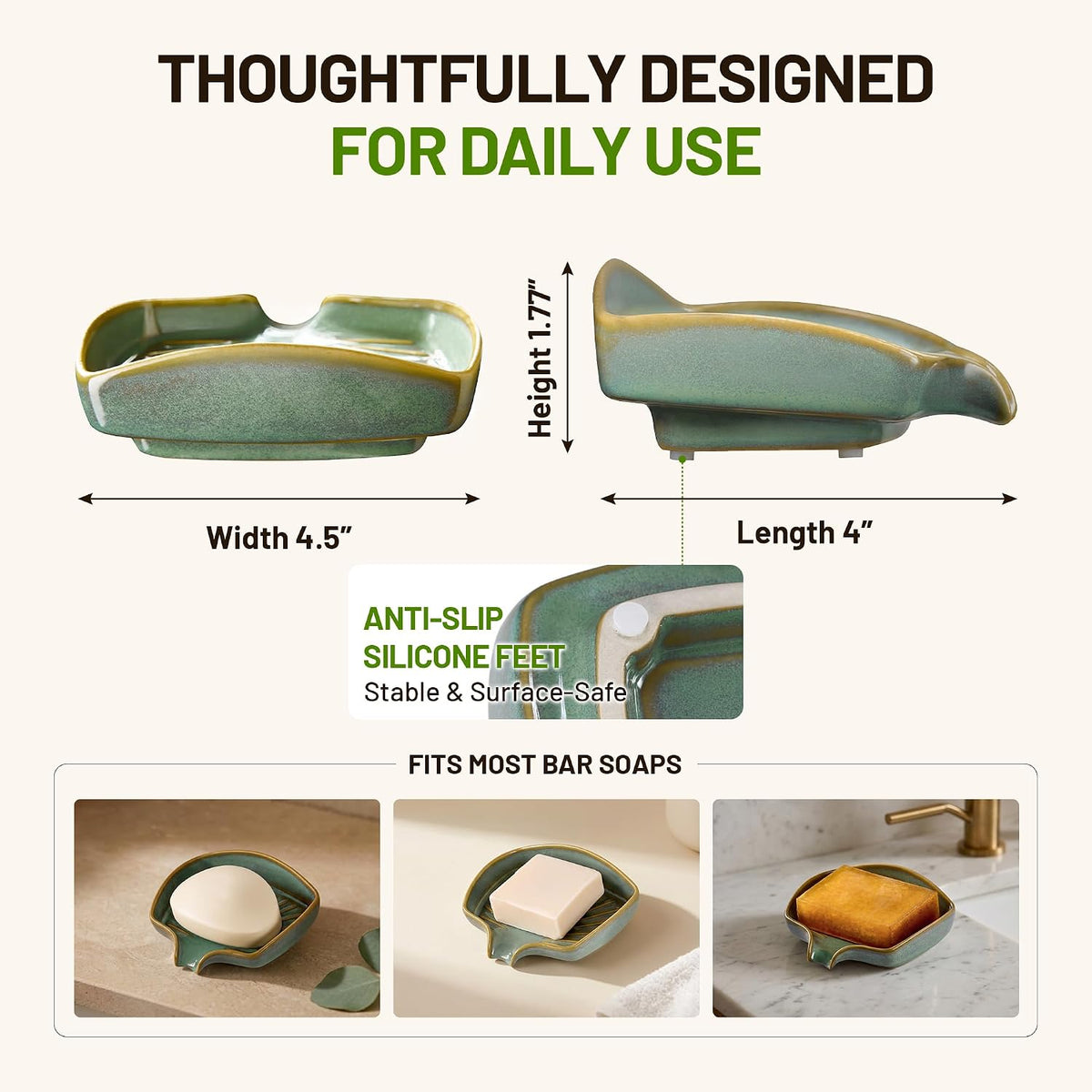 Ceramic Soap Dish - Self Draining Bathroom Soap Dish for Sink, Glossy Green Ceramic Tray, Decorative Holder for Shower, Vanity & Kitchen Countertop, Small Space-Saving Design