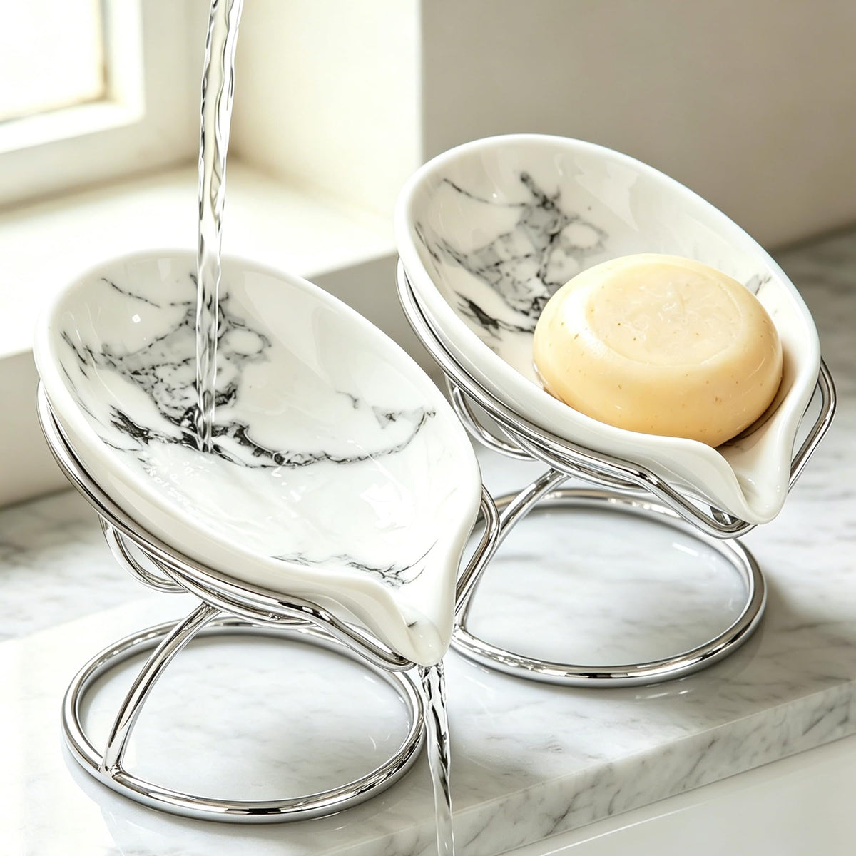 Dobbyby Leaf-Shaped Soap Dish – Premium Ceramic Soap Bar Holder with Self-Drainage System – Bar Soap Holder for Shower, Bathroom Sink, Kitchen – Waterfall Soap Dish with Stainless Steel Stand (SLIVER)