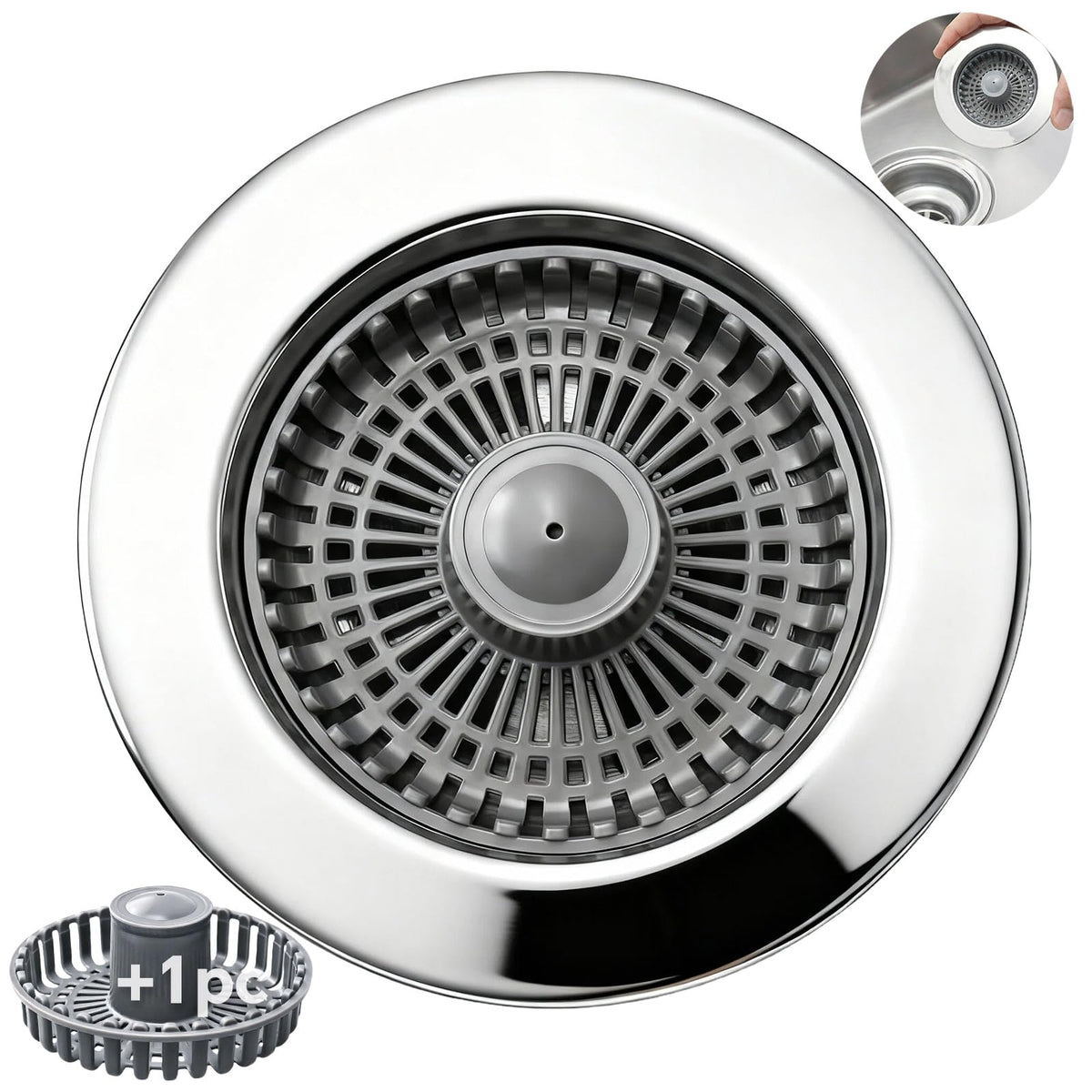 Solid Brass Body 3-in-1 Kitchen Sink Drain Strainer & Stopper, Heavy Duty Pop Up Plug Assembly with 2 Baskets, Anti-Clog Replacement for US Standard 3-1/2 Inch Drains, Rust-Proof Silver