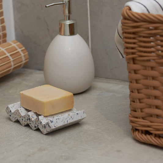 Tapeera Zig Zag Terrazzo Self Draining Soap Dish for Shower - Concrete Soap Saver for Bar Soap Holder - Sponge Holder - Kitchen Soap Tray (White)