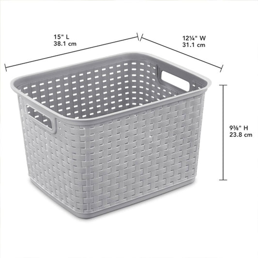 Sterilite Tall Weave Basket, Rectangular Plastic Décor Bin, Gray, 6 Pack