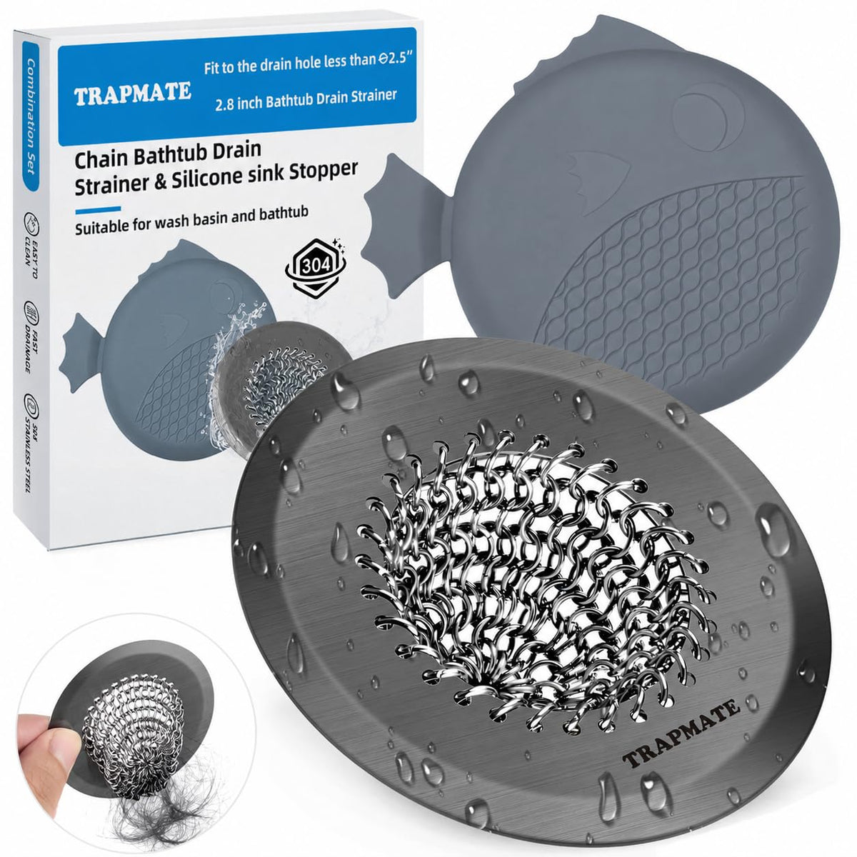 TRAPMATE Shower Drain Hair Catcher, 2.8" Bathtub Stopper Drain Strainer Kit