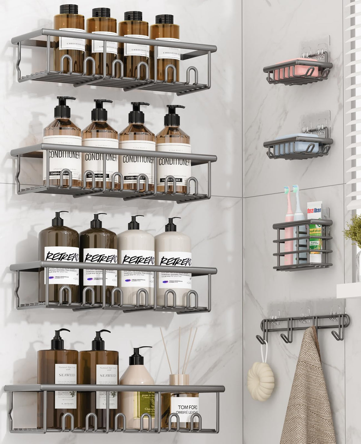 8 Pack Adhesive Bathroom Holders & Dispensers for Kids & Adults, Black