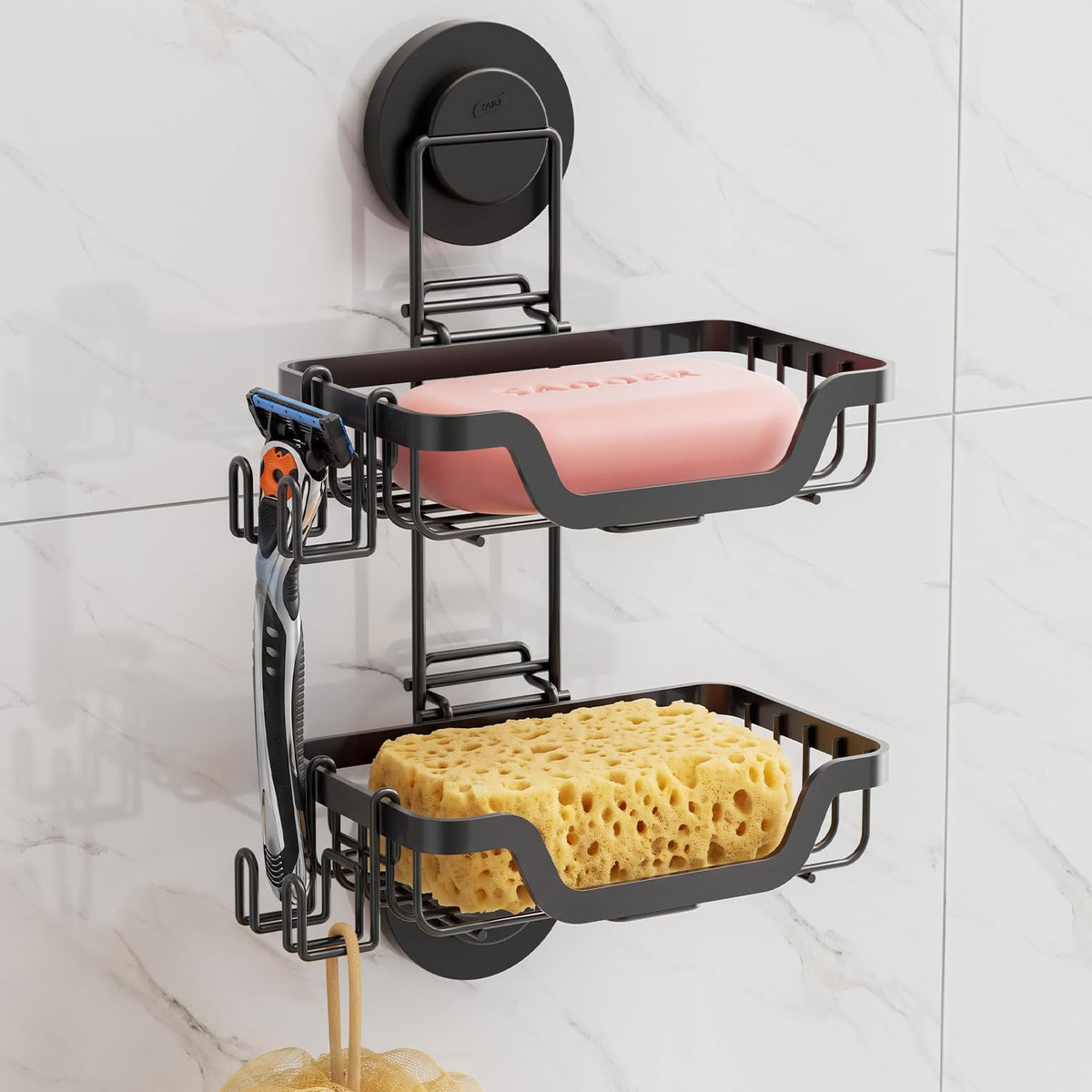 TAILI Soap Dish, Bar Soap Holder Suction Cup,Sponge Holder for Shower,Black