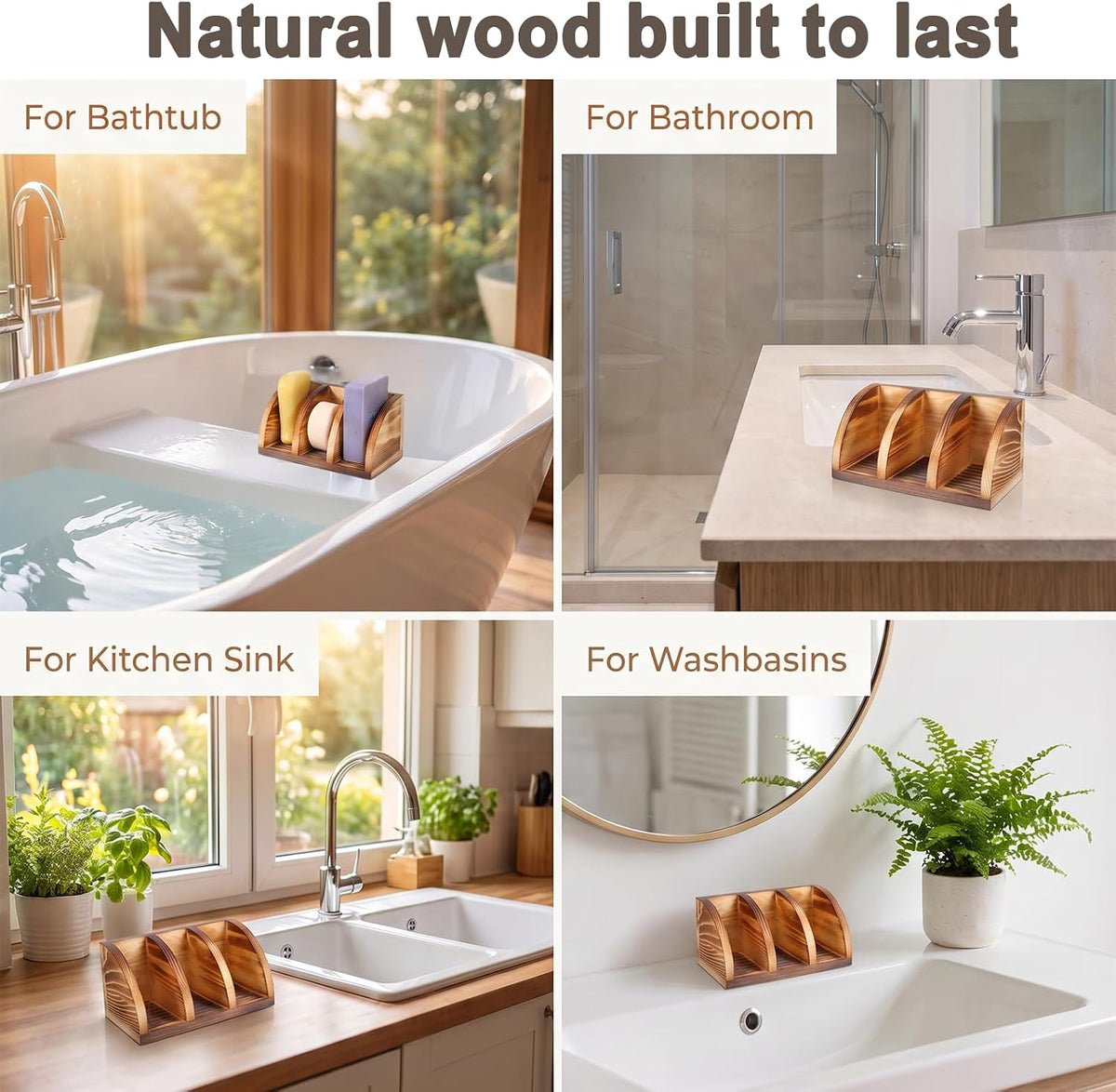 2pcs Wood Soap Holder - Solid Wooden Bar Dish, Self Draining Bathroom