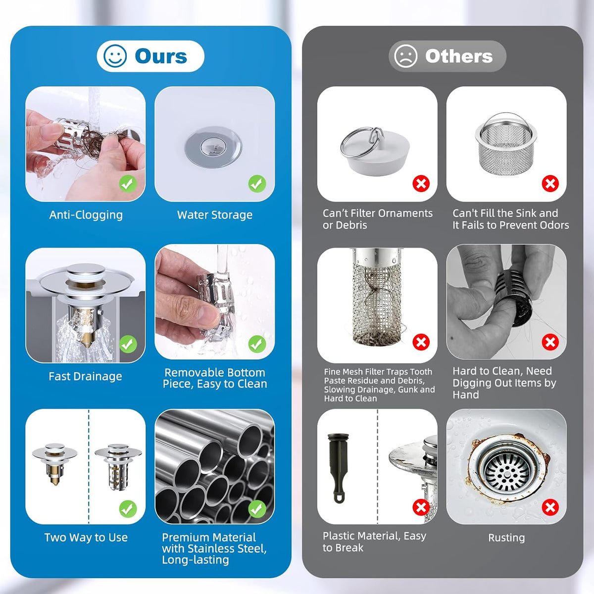 Hibbent 2 Pack Bathroom Sink Drain Strainer, 3 in 1 Pop Up Stopper