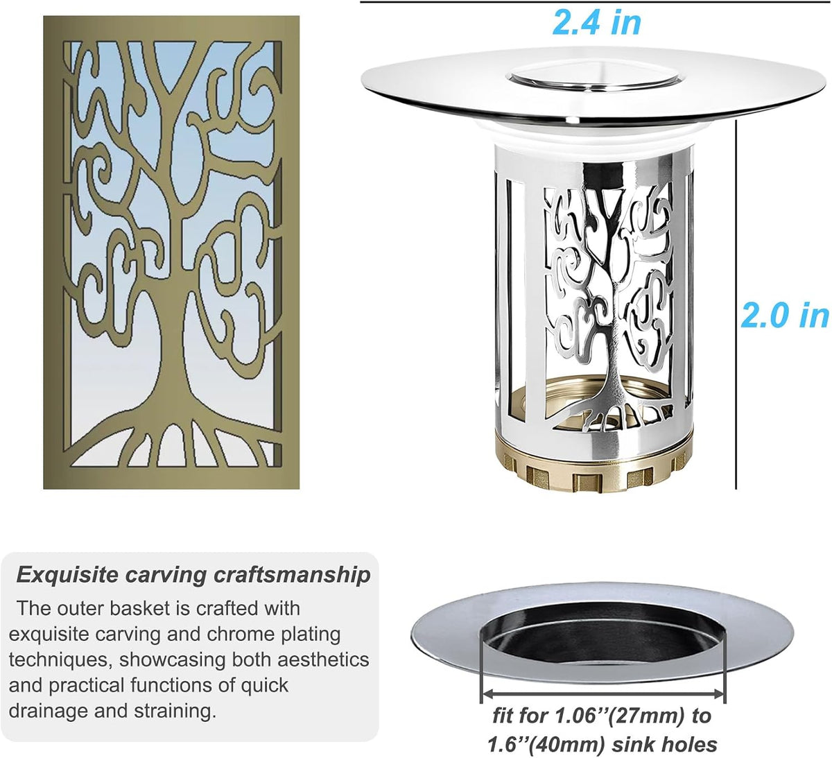 BAOLSLS Bathroom Sink Drain Strainer with Pop Up Removable Hair Catcher