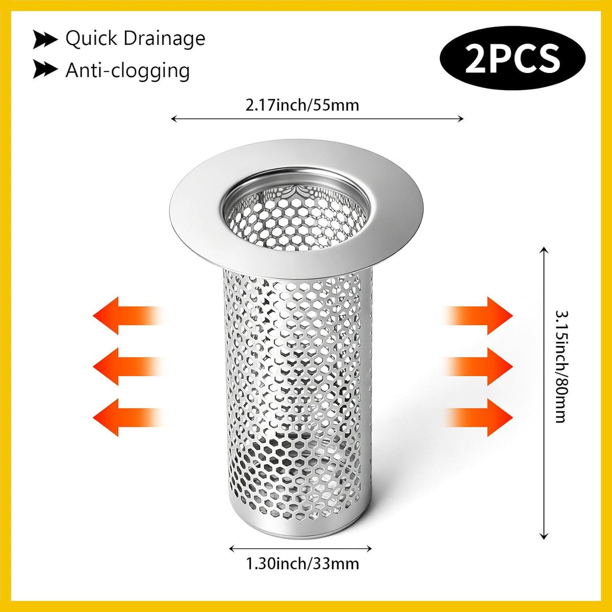 Bathroom Sink Drain Strainer, Bathtub Drain Hair Catcher, 304 Stainless Steel Shower Drain, Deep Basket Cover, Anti-Clog for Pet Hair, Universal Tub Drain Filter