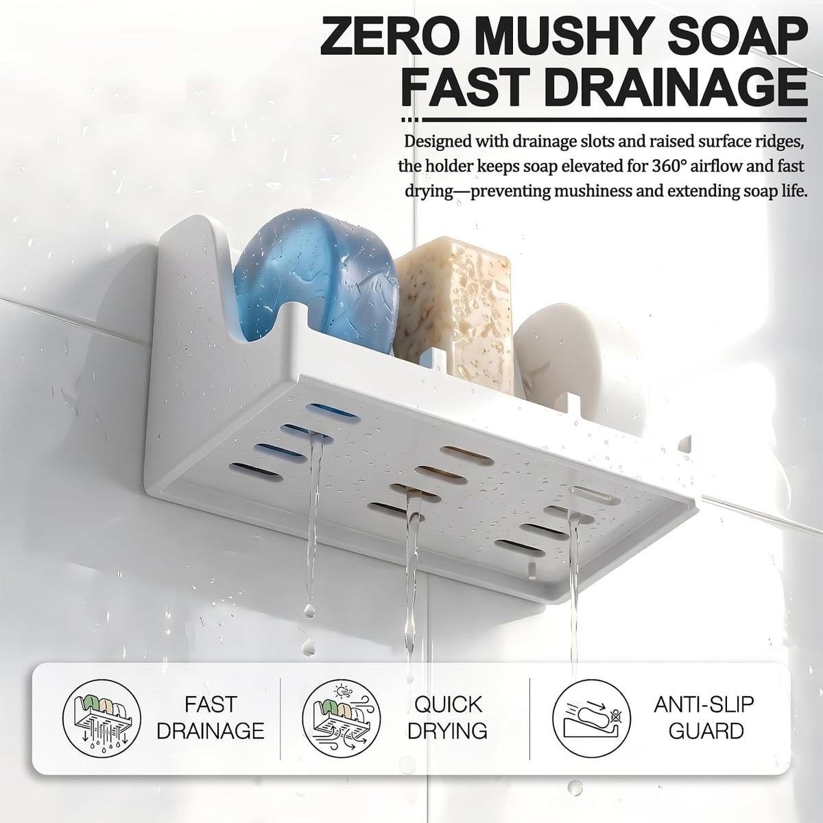 3-Compartment Shower Soap Holder & Organizer for Multiple Bars