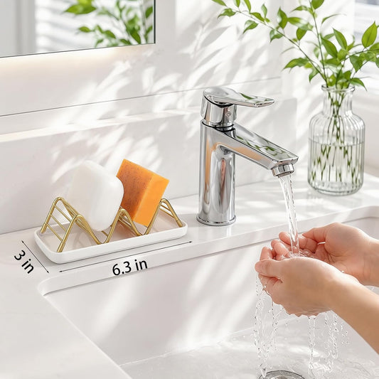 Stainless Steel Soap Dish Draining Soap Holder with Ceramic Tray, Gold