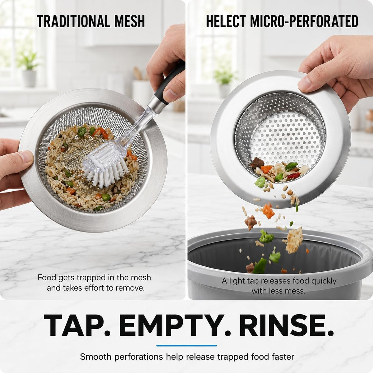 Helect 3-Pack Kitchen Sink Strainer - Stainless Steel Drain Filter with Large 4.5" Wide Rim, Anti-Clog Perforated Basket for Standard Sinks