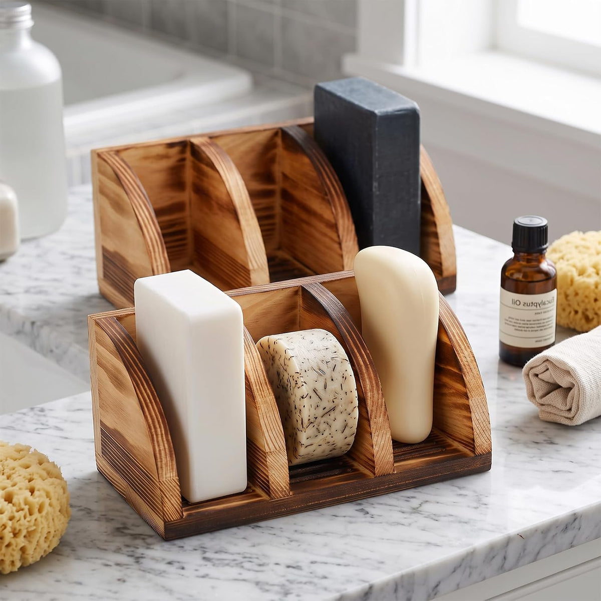 2pcs Wood Soap Holder - Solid Wooden Bar Dish, Self Draining Bathroom