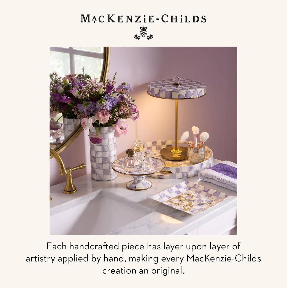 MACKENZIE-CHILDS Capiz Soap Dish, Purple-and-White Violet Check