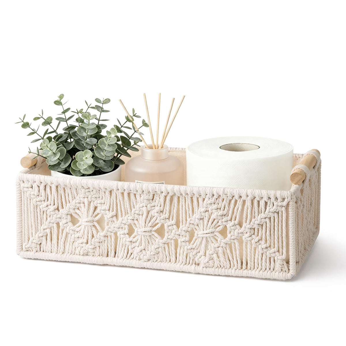 Mkono 2Pc Macrame Storage Basket, Boho Decor Toilet Paper Organizer, Ivory