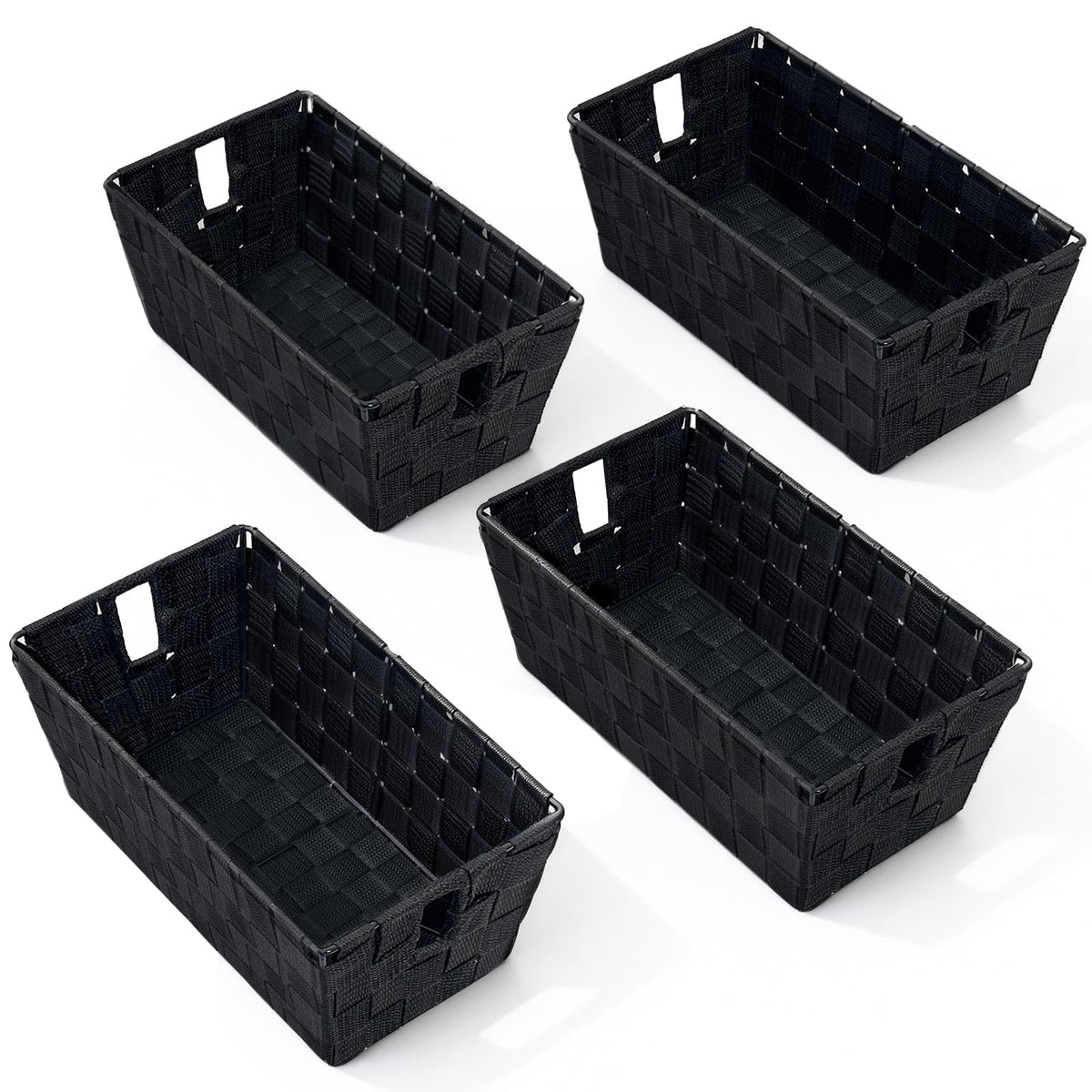 Woven Black Storage Baskets Shelf Tote Boxes Container, Durable Storage Organizer Bins with Built-in Handles for Bedroom, Office, Closet, Kids Room, Nursery, 3-Pack,11.4”x 6.5”x 4.5”