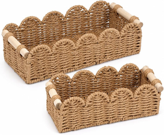 Paper Rope Storage Basket Set of 2 with Wooden Handles - Scalloped Toilet Paper Organizer, Cute & Functional Home Decor for Bathroom or Living Room (Beige)