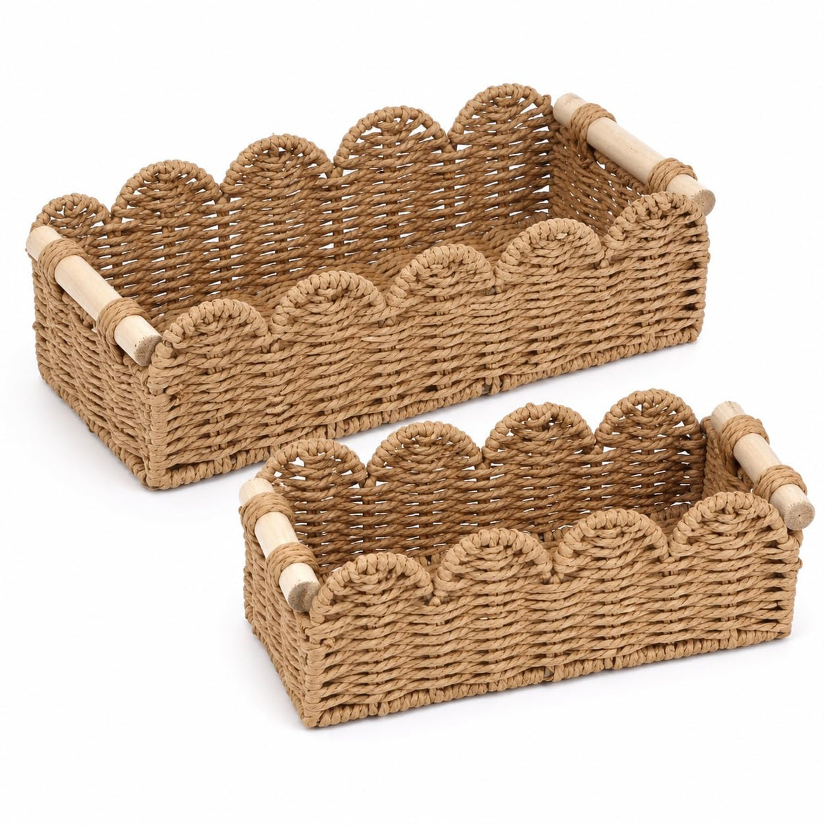 Paper Rope Storage Basket Set of 2 with Wooden Handles - Scalloped Toilet Paper Organizer, Cute & Functional Home Decor for Bathroom or Living Room (Beige)