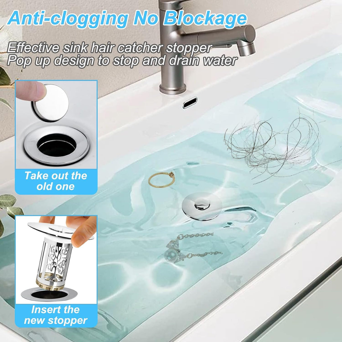BAOLSLS Bathroom Sink Drain Strainer with Pop Up Removable Hair Catcher