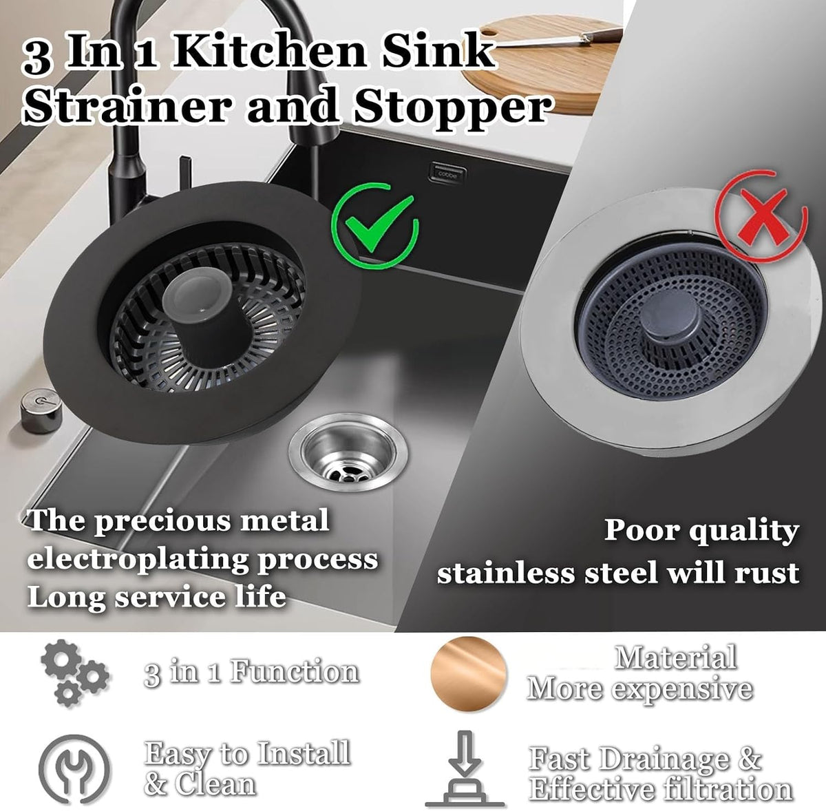 BAOLSLS 3 in 1 Kitchen Sink Stopper, Pop Up Kitchen Sink Drain Strainer