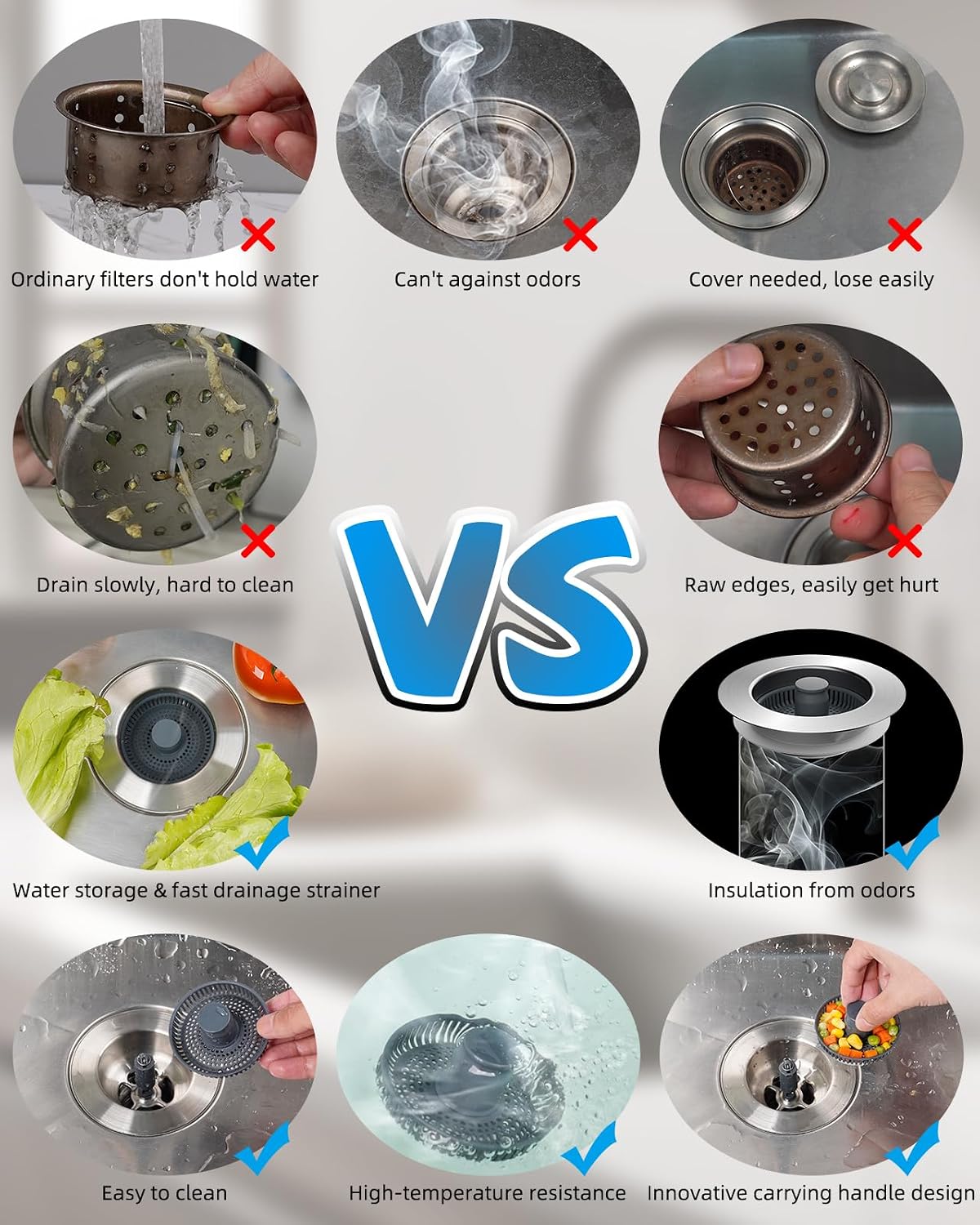 Hibbent Upgraded 3-in-1 Kitchen Sink Drain Strainer & Stopper Combo, Chrome