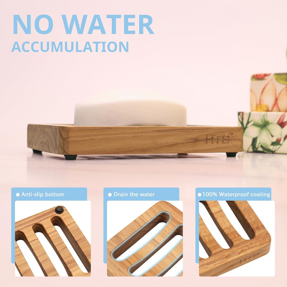 HTB 2 Pack Slotted Bar Soap Holder Teak Wood,Sponge Holder for Kitchen Sink